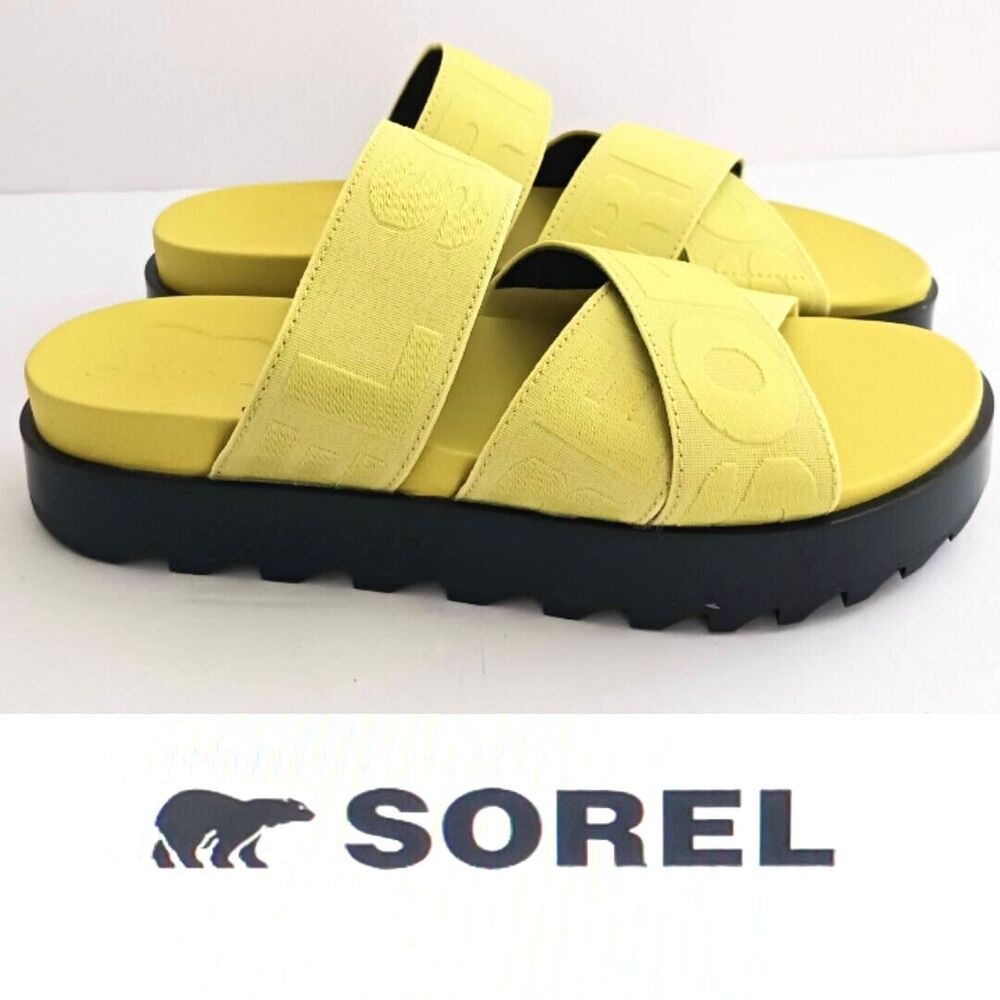 NEW Sorel Roaming Sport Slide Sandal Yellow Stretch Straps Lug Sole Sz 7.5